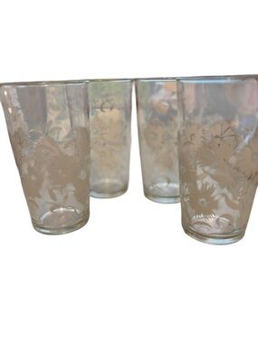 Hazel Atlas vintage Etched white aster Floral Clear Glass Tumbler - Set of 4
